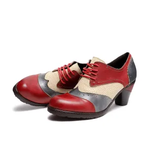CrazycatZ Leather Pumps,Women Colorful Vintage Block Heel Oxford Vintage Shoes Color Blocking Oxford Shoes