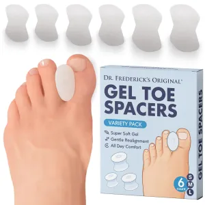Dr. Frederick's Original Gel Toe Separators - 6 Pcs - Gel Toe Spacers - Temporary Bunion Corrector - Gel Orthotic for Bunion - Overlapping Toe Pain - Variety Pack Small/Medium/Large Sizes
