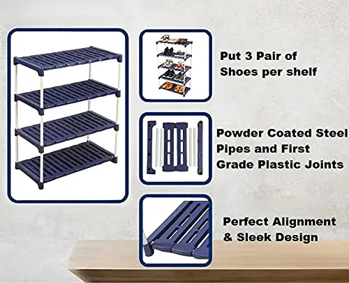 Novatic Multipurpose Shoe Rack Strong Build Adjustable Shelf Rack Portable Shoe Rack for Home Storage Easy to Move & Assemble Metal and Plastic Rack (Navy Blue - 7 Tier)