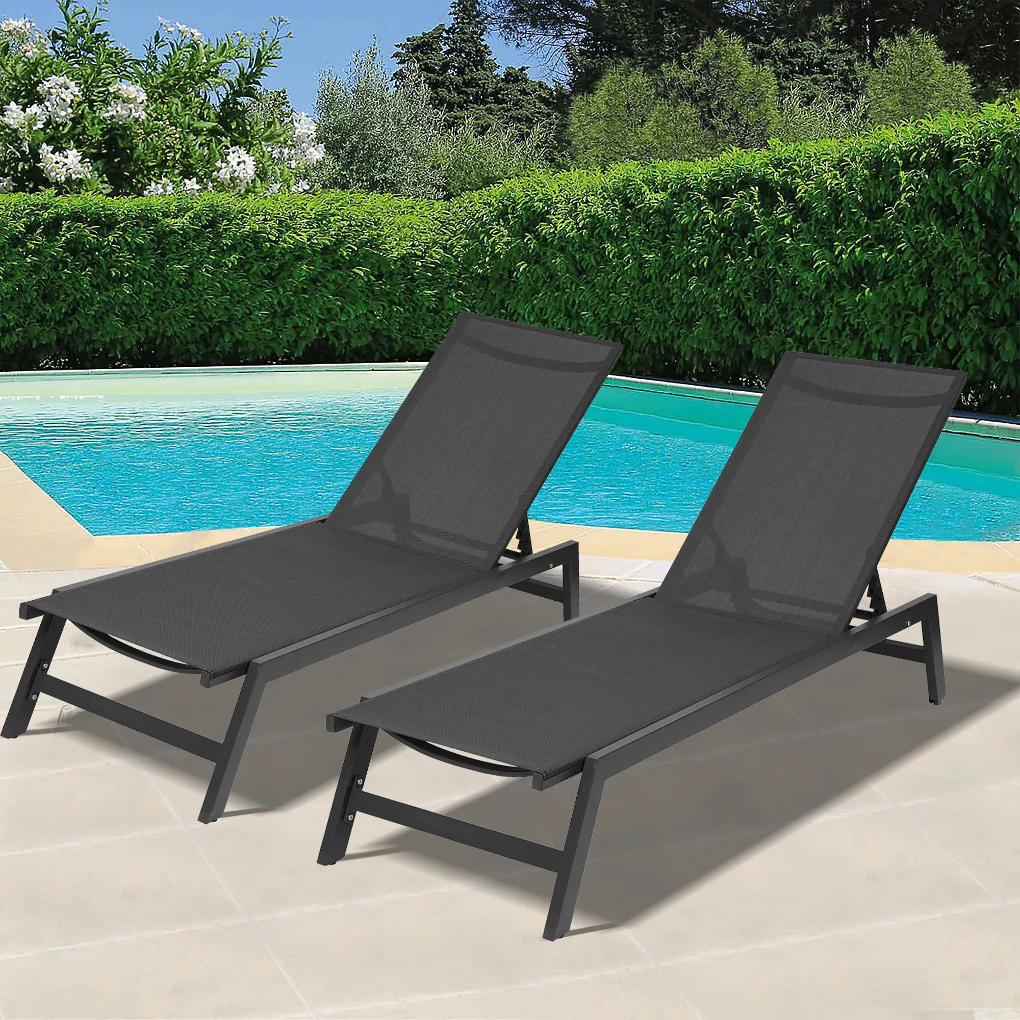 Outdoor 2-Pcs Set Chaise Lounge Chairs,Five-Position Adjustable Aluminum Recliner,All Weather for Patio,Beach,Yard,Pool ( Grey Frame/ Black fabric)