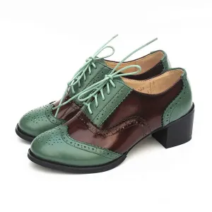 Retro Vintage Style Thick Heels Multicolor Lace-up Vegan Leather Oxford Shoes